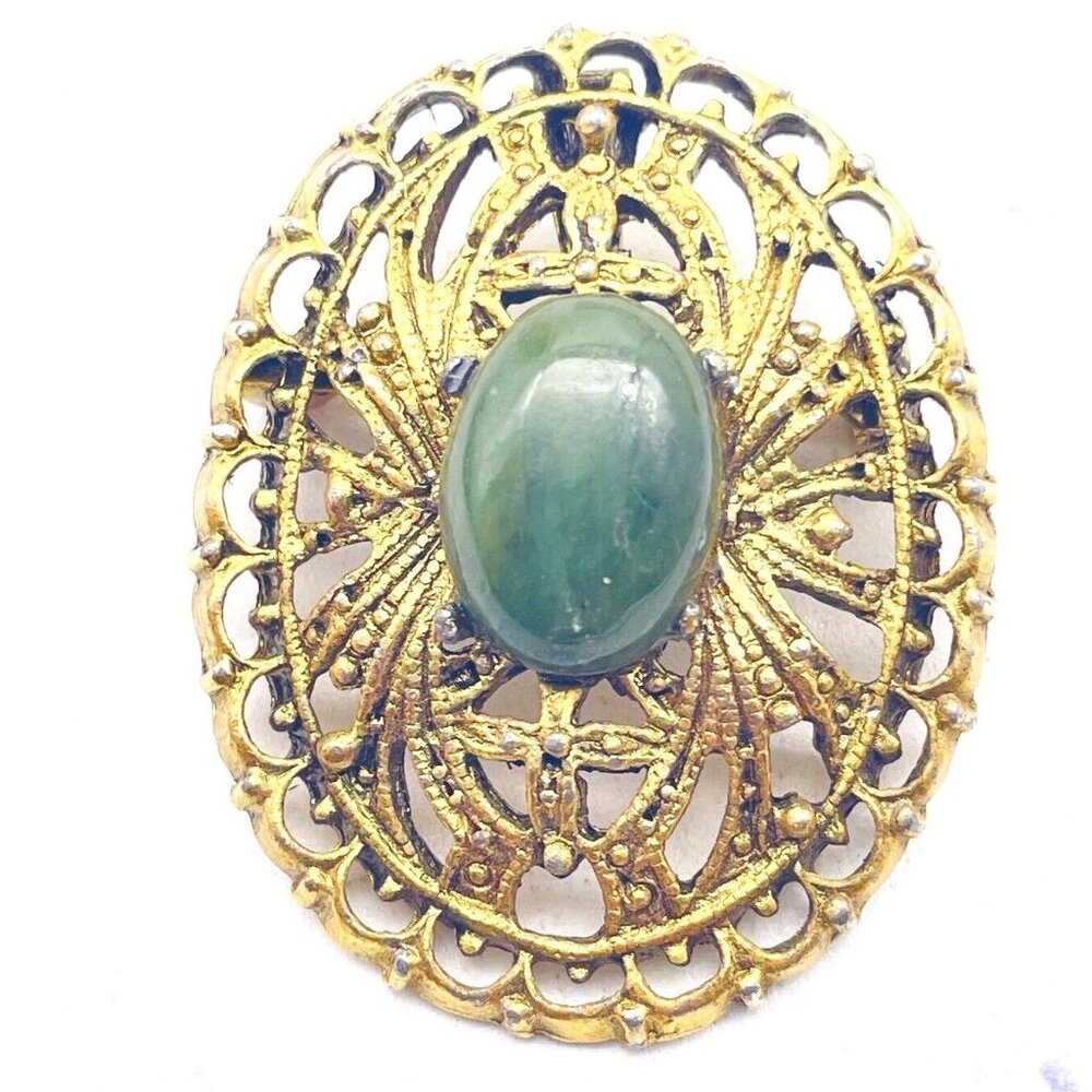 PERI Vintage Filigree Green Bead Pin Silver Tone Classic Career Victorian Style